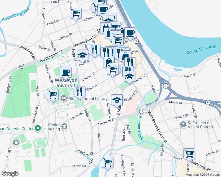 map of restaurants, bars, coffee shops, grocery stores, and more near 2 Traverse Square in Middletown
