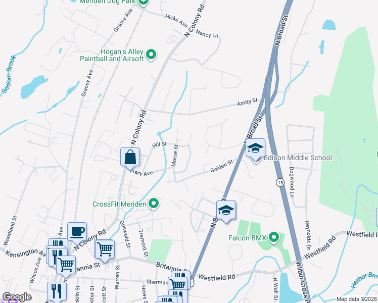 map of restaurants, bars, coffee shops, grocery stores, and more near 78 Woodland Ridge in Meriden