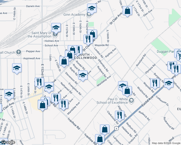 map of restaurants, bars, coffee shops, grocery stores, and more near 931 Rondel Road in Cleveland