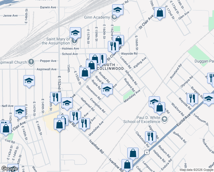 map of restaurants, bars, coffee shops, grocery stores, and more near 901 Royal Road in Cleveland