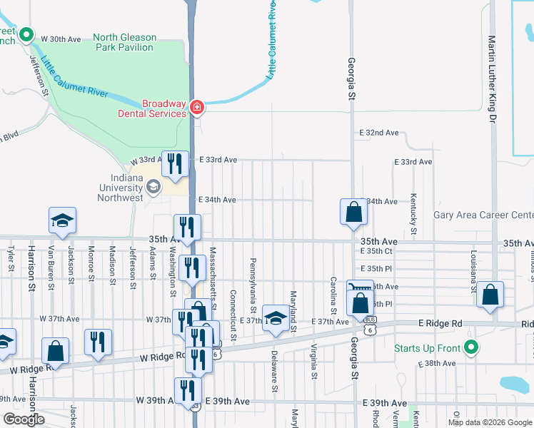 map of restaurants, bars, coffee shops, grocery stores, and more near 3429 Delaware Street in Gary