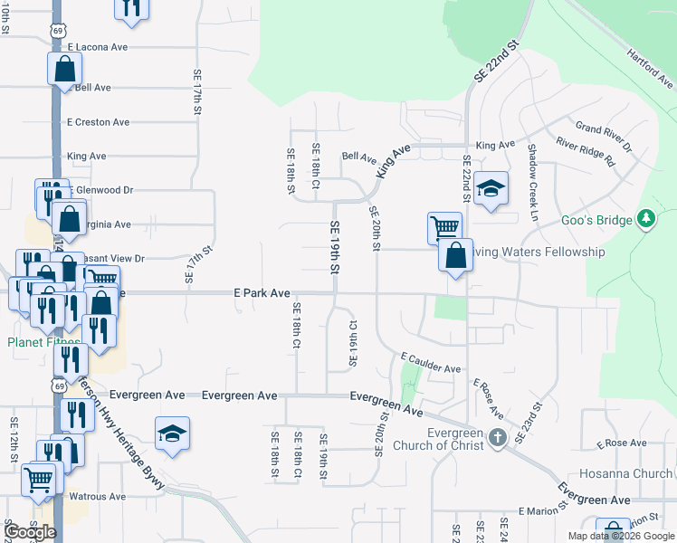 map of restaurants, bars, coffee shops, grocery stores, and more near 3115 Southeast 19th Street in Des Moines