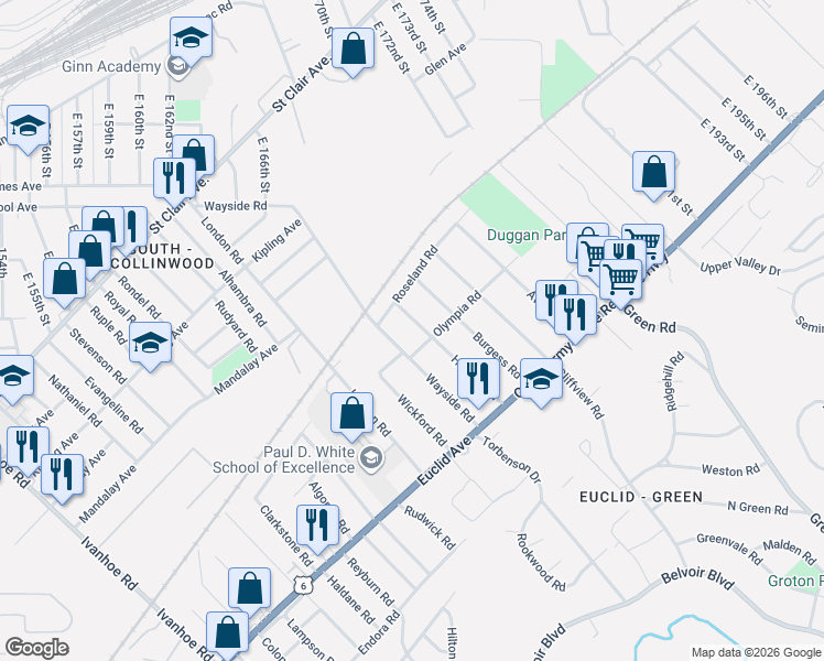 map of restaurants, bars, coffee shops, grocery stores, and more near 1674 Hillview Road in Cleveland
