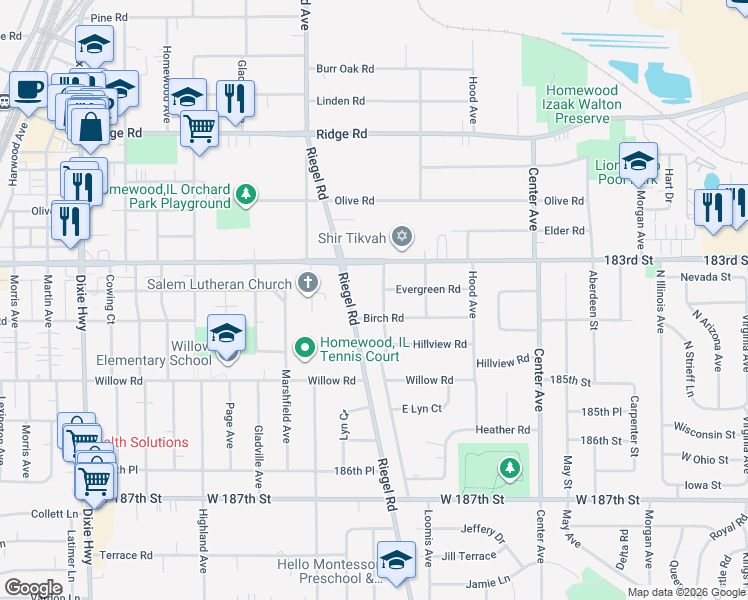 map of restaurants, bars, coffee shops, grocery stores, and more near 18344 Poplar Avenue in Homewood