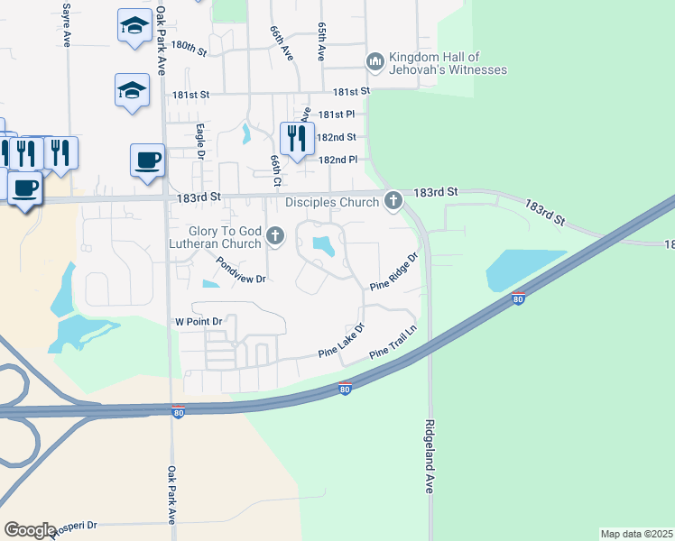 map of restaurants, bars, coffee shops, grocery stores, and more near 18416 Pine Lake Dr in Tinley Park