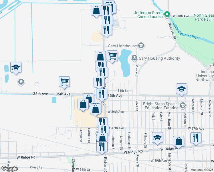 map of restaurants, bars, coffee shops, grocery stores, and more near 3449 Grant St in Gary