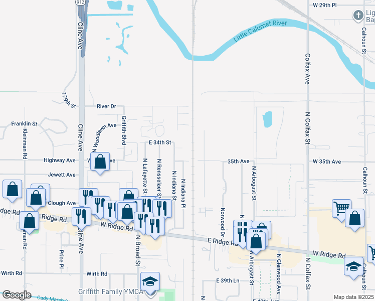 map of restaurants, bars, coffee shops, grocery stores, and more near 431 East 34th Court in Griffith