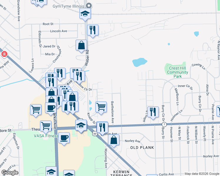 map of restaurants, bars, coffee shops, grocery stores, and more near 1808 Barthelone Avenue in Crest Hill