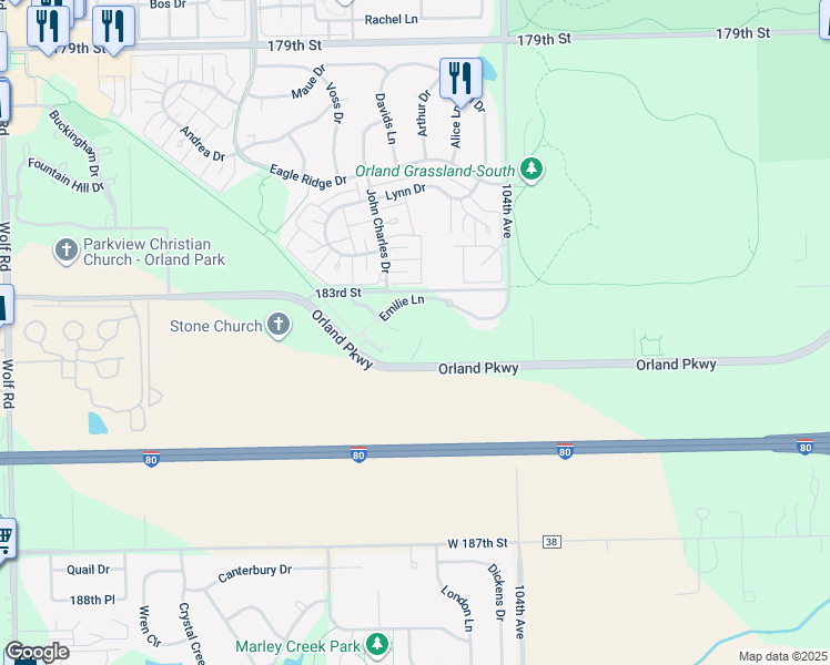 map of restaurants, bars, coffee shops, grocery stores, and more near 10501 Emilie Lane in Orland Park