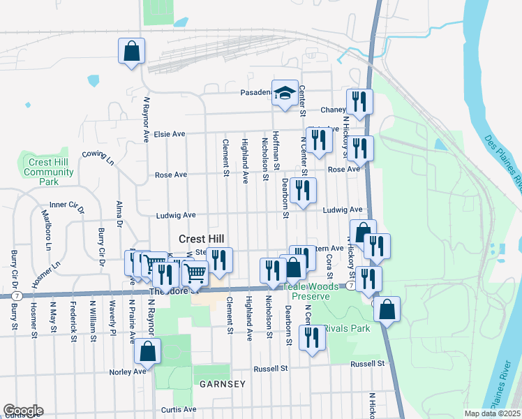 map of restaurants, bars, coffee shops, grocery stores, and more near 1801 Nicholson St in Crest Hill