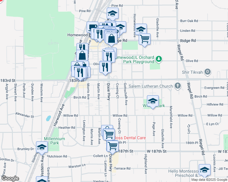 map of restaurants, bars, coffee shops, grocery stores, and more near 1945 Evergreen Road in Homewood