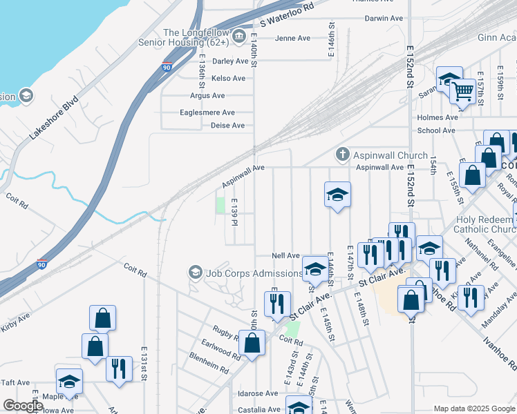 map of restaurants, bars, coffee shops, grocery stores, and more near 875 East 140th Street in Cleveland