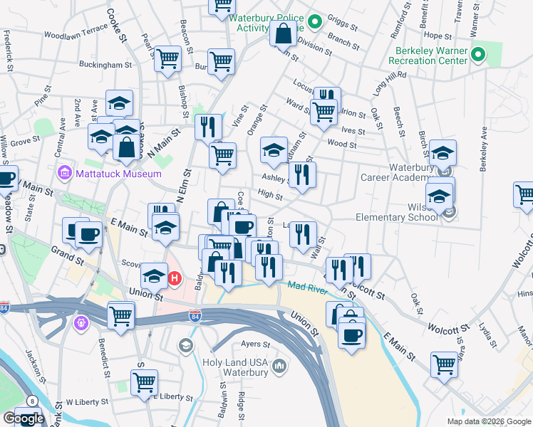 map of restaurants, bars, coffee shops, grocery stores, and more near in Waterbury