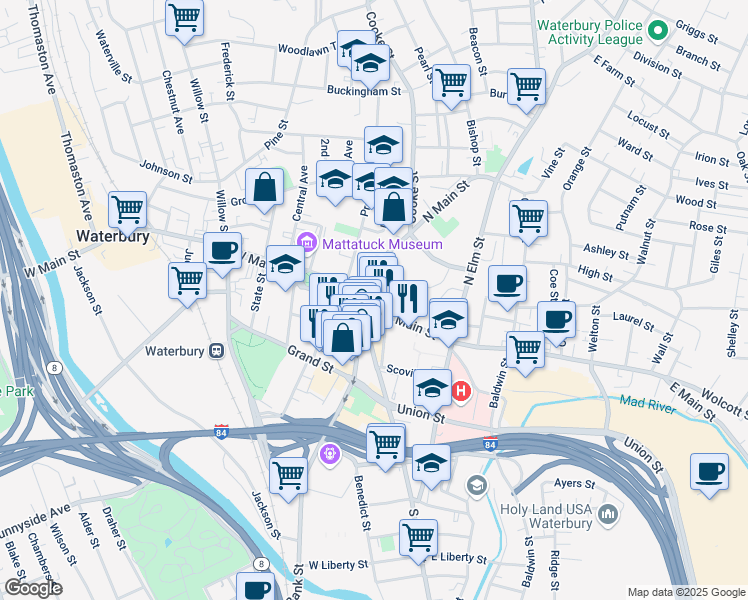 map of restaurants, bars, coffee shops, grocery stores, and more near 21 West Main Street in Waterbury