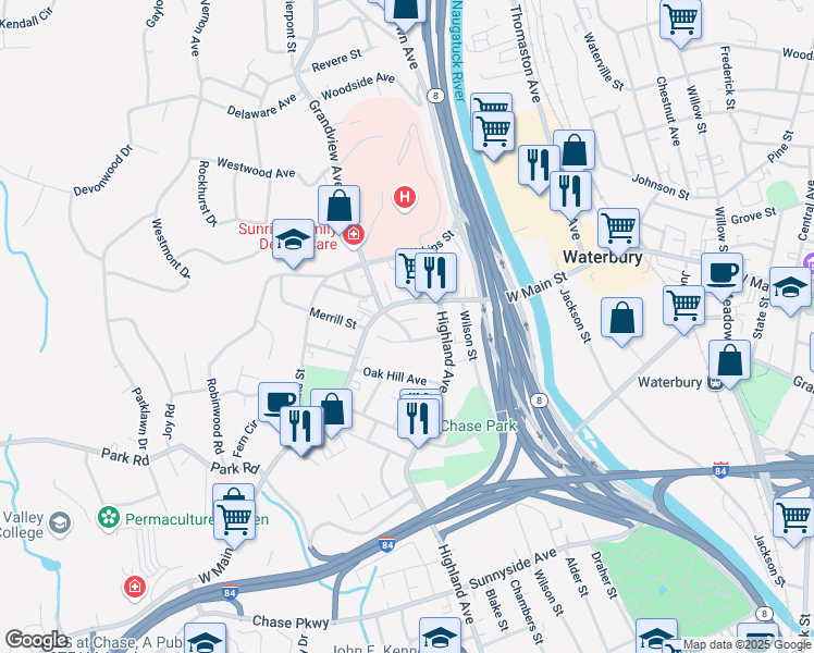map of restaurants, bars, coffee shops, grocery stores, and more near 32 Starview Avenue in Waterbury