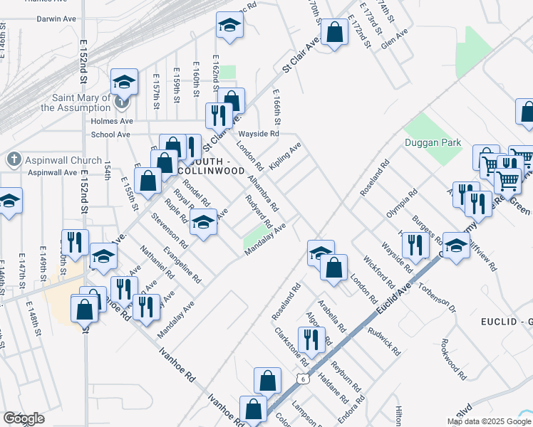 map of restaurants, bars, coffee shops, grocery stores, and more near 932 Alhambra Road in Cleveland