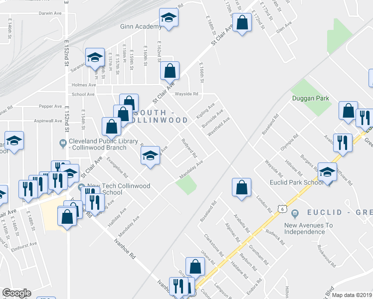map of restaurants, bars, coffee shops, grocery stores, and more near 906 Rudyard Road in Cleveland