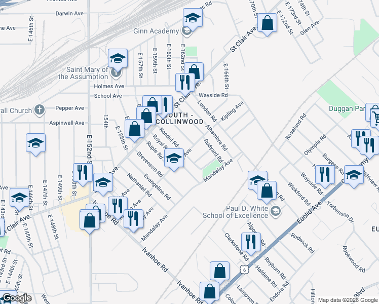 map of restaurants, bars, coffee shops, grocery stores, and more near 931 Rondel Road in Cleveland
