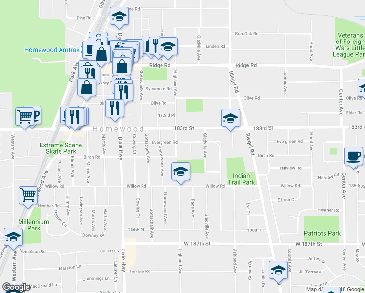 map of restaurants, bars, coffee shops, grocery stores, and more near 18351 Highland Avenue in Homewood