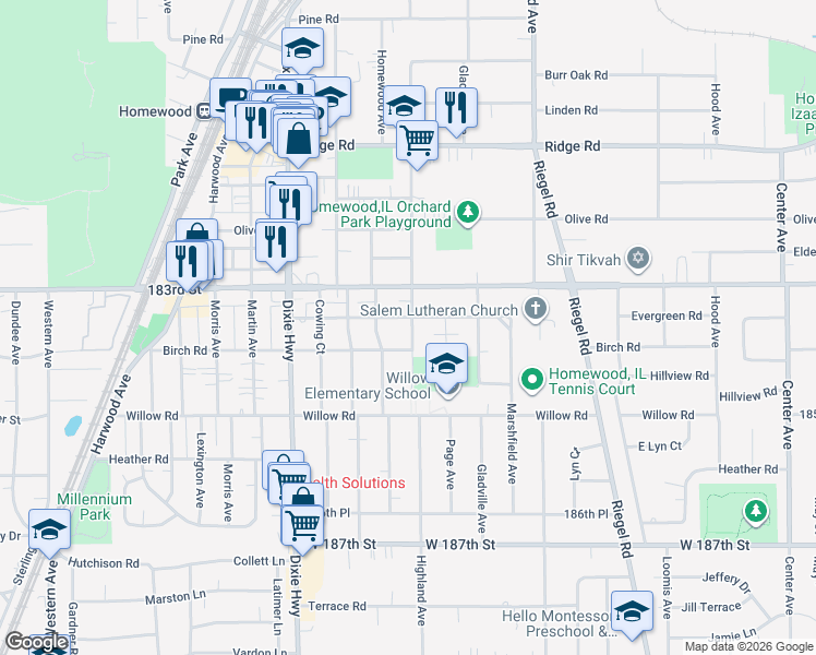 map of restaurants, bars, coffee shops, grocery stores, and more near 18351 Highland Avenue in Homewood