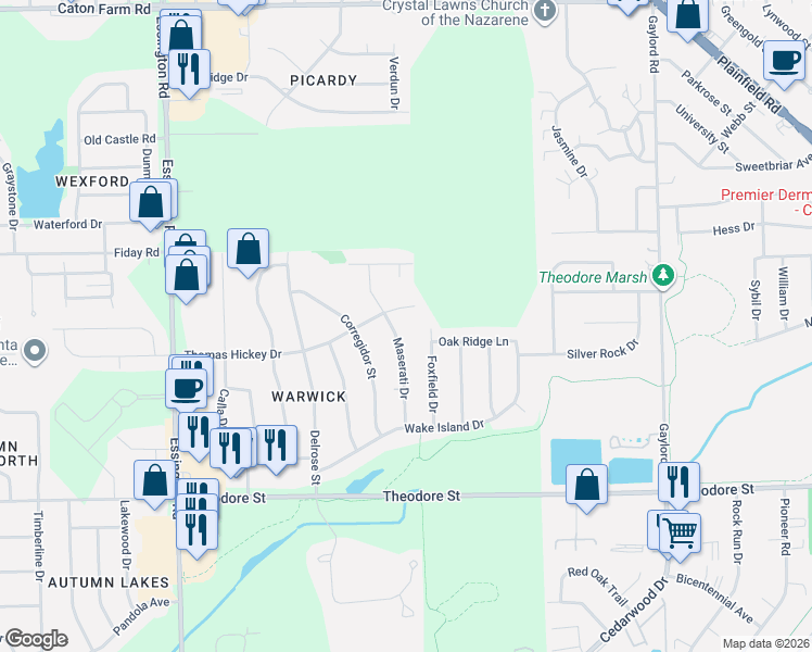 map of restaurants, bars, coffee shops, grocery stores, and more near 1812 Maserati Drive in Joliet