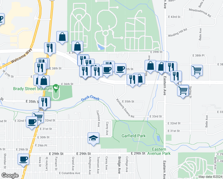 map of restaurants, bars, coffee shops, grocery stores, and more near 3562 Kimberly Downs Road in Davenport