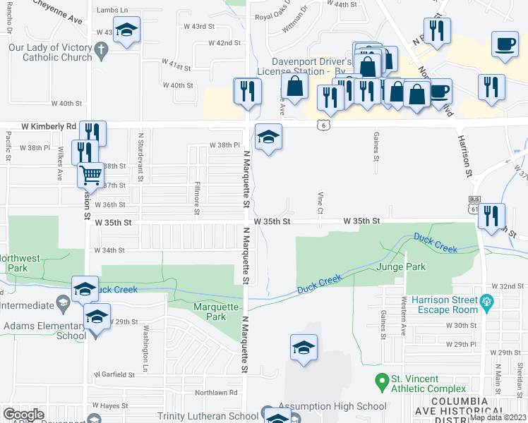map of restaurants, bars, coffee shops, grocery stores, and more near 3525 North Marquette Street in Davenport