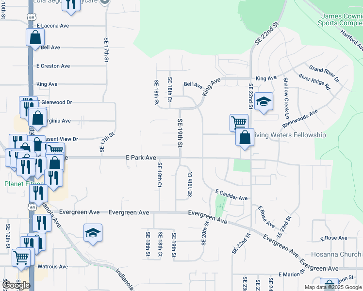 map of restaurants, bars, coffee shops, grocery stores, and more near 3115 Southeast 19th Street in Des Moines