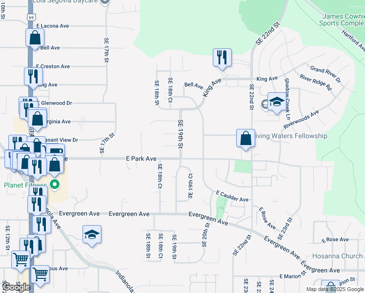 map of restaurants, bars, coffee shops, grocery stores, and more near 3115 Southeast 19th Street in Des Moines