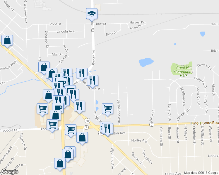 map of restaurants, bars, coffee shops, grocery stores, and more near 1806 Willow Circle Drive in Crest Hill
