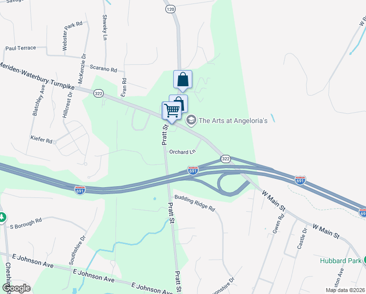 map of restaurants, bars, coffee shops, grocery stores, and more near 55 Orchard Lane in Southington