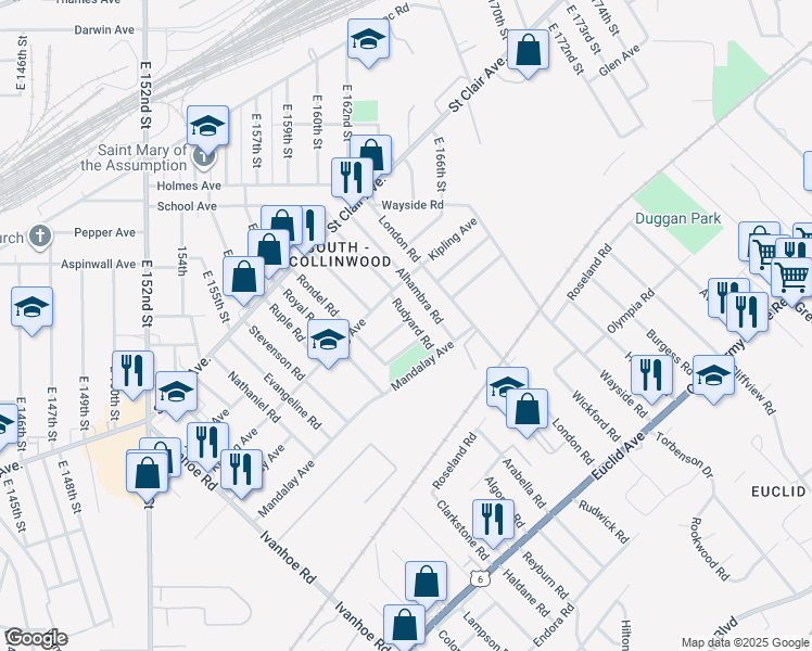 map of restaurants, bars, coffee shops, grocery stores, and more near 906 Rudyard Road in Cleveland
