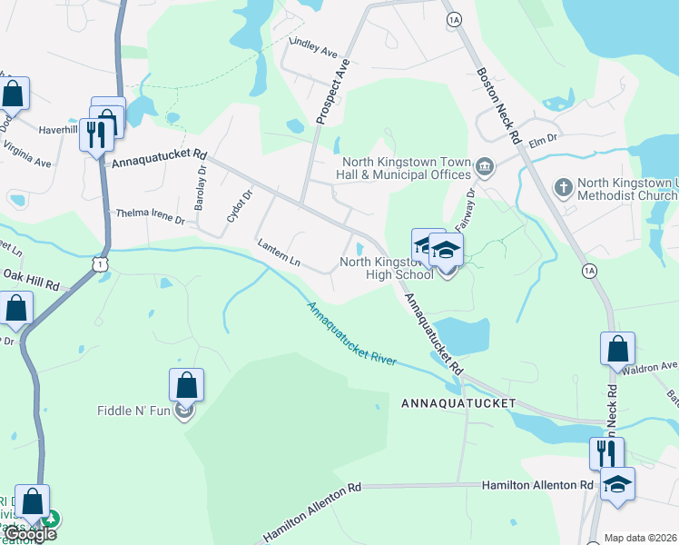 map of restaurants, bars, coffee shops, grocery stores, and more near 157 Lantern Lane in North Kingstown