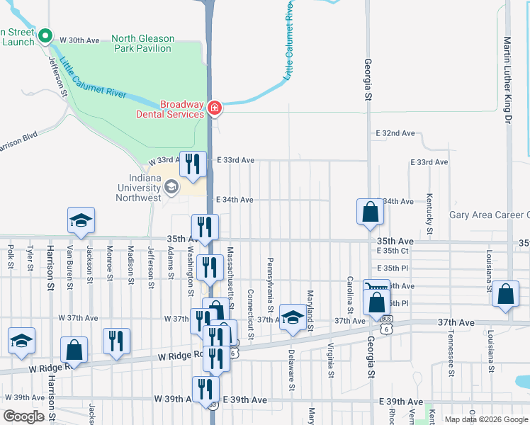map of restaurants, bars, coffee shops, grocery stores, and more near 3428 Pennsylvania Street in Gary