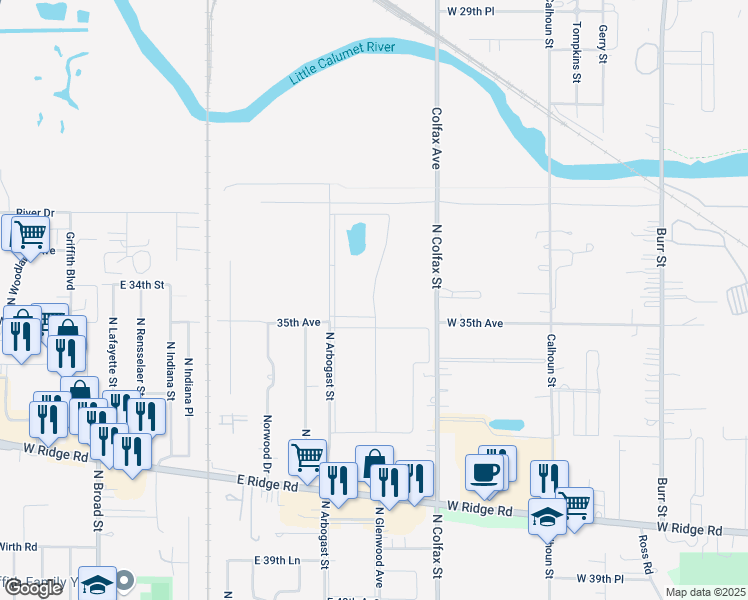map of restaurants, bars, coffee shops, grocery stores, and more near 1919 North Mansard Boulevard in Griffith