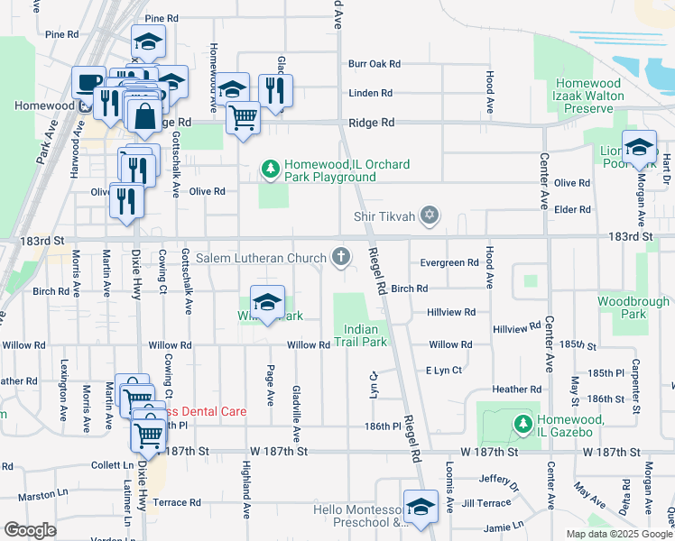 map of restaurants, bars, coffee shops, grocery stores, and more near 18324 Ashland Avenue in Homewood