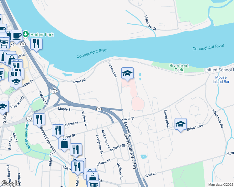 map of restaurants, bars, coffee shops, grocery stores, and more near 131 Eastern Drive in Middletown