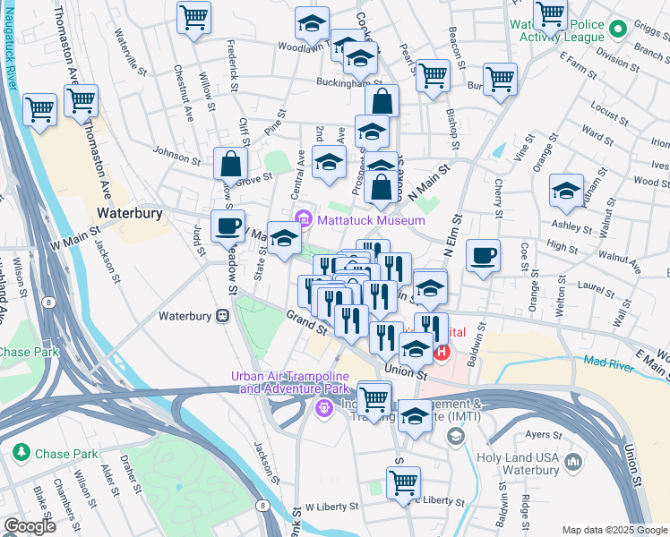 map of restaurants, bars, coffee shops, grocery stores, and more near 55 West Main Street in Waterbury