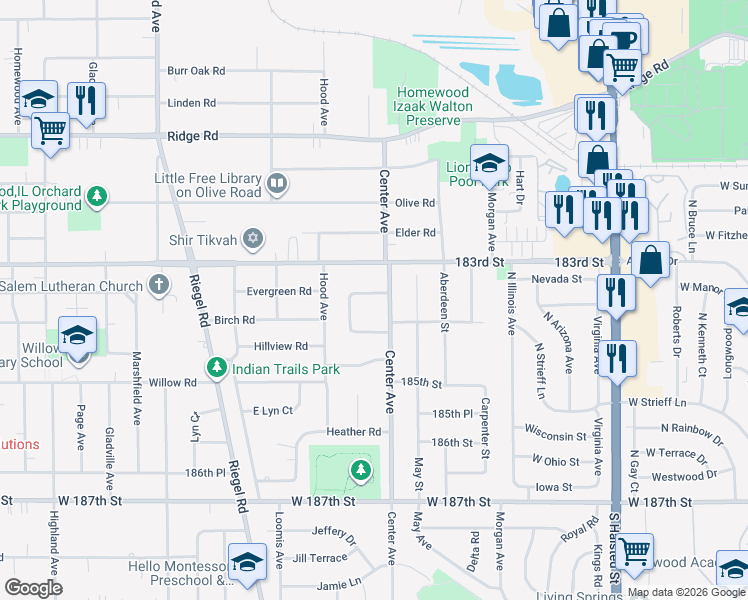 map of restaurants, bars, coffee shops, grocery stores, and more near 1215 Evergreen Road in Homewood