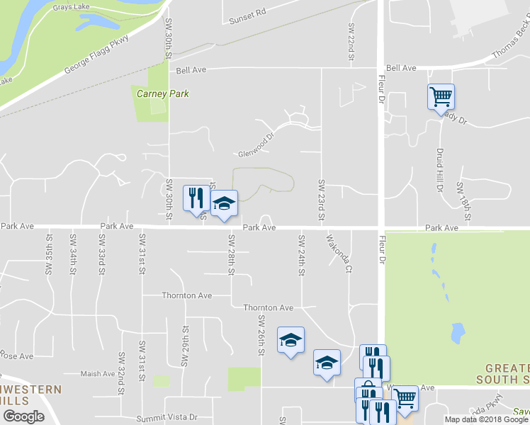 map of restaurants, bars, coffee shops, grocery stores, and more near 2501 Park Avenue in Des Moines