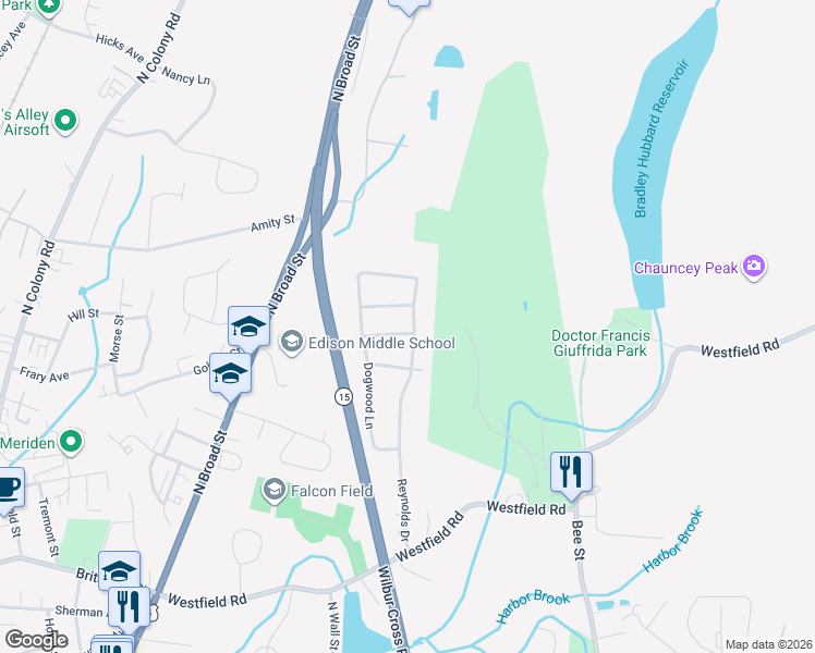 map of restaurants, bars, coffee shops, grocery stores, and more near 48 Pine Tree Ridge in Meriden