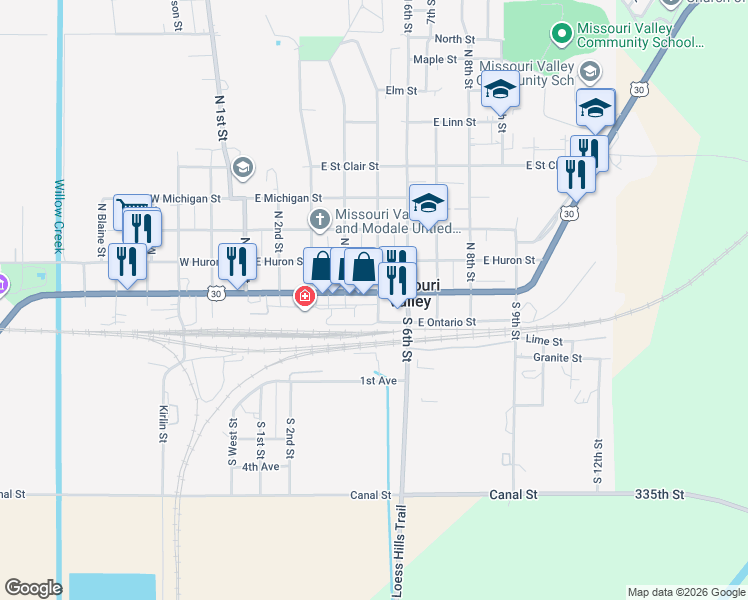 map of restaurants, bars, coffee shops, grocery stores, and more near 422 East Erie Street in Missouri Valley