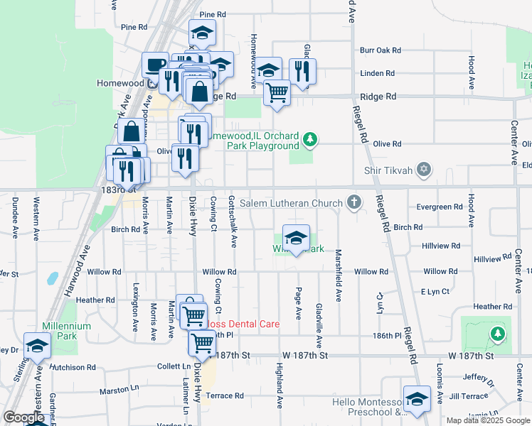 map of restaurants, bars, coffee shops, grocery stores, and more near 1809 Evergreen Road in Homewood