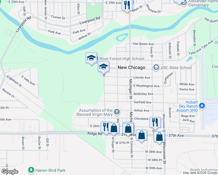 map of restaurants, bars, coffee shops, grocery stores, and more near 33 East Washington Avenue in New Chicago