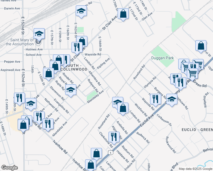 map of restaurants, bars, coffee shops, grocery stores, and more near 940 London Road in Cleveland