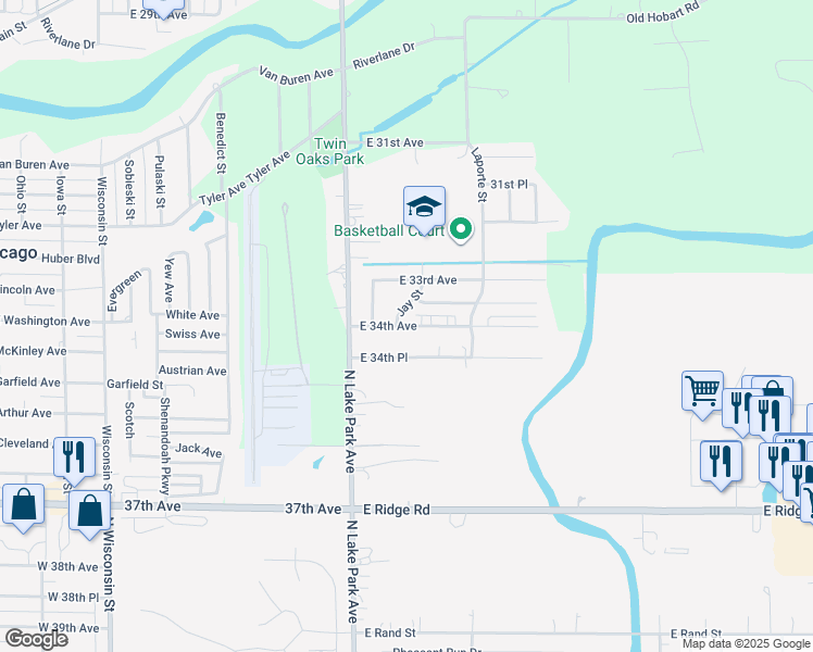 map of restaurants, bars, coffee shops, grocery stores, and more near 2099 E 34th Ave in Hobart