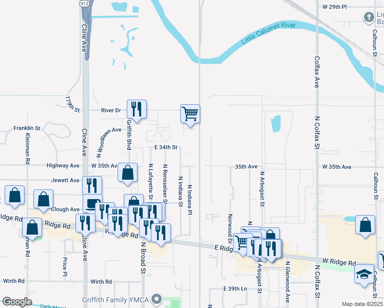 map of restaurants, bars, coffee shops, grocery stores, and more near 431 East 34th Street in Griffith