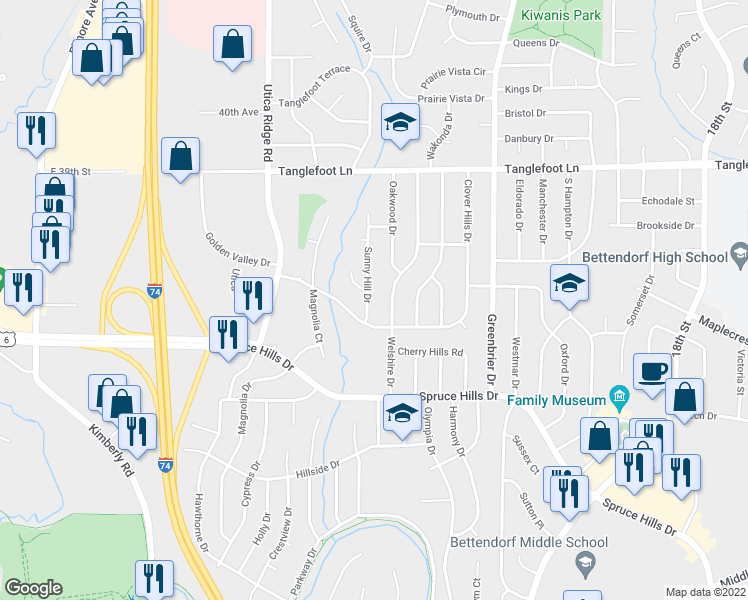 map of restaurants, bars, coffee shops, grocery stores, and more near 3345 Sunny Hill Drive in Bettendorf