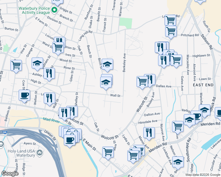 map of restaurants, bars, coffee shops, grocery stores, and more near 235 Birch Street in Waterbury