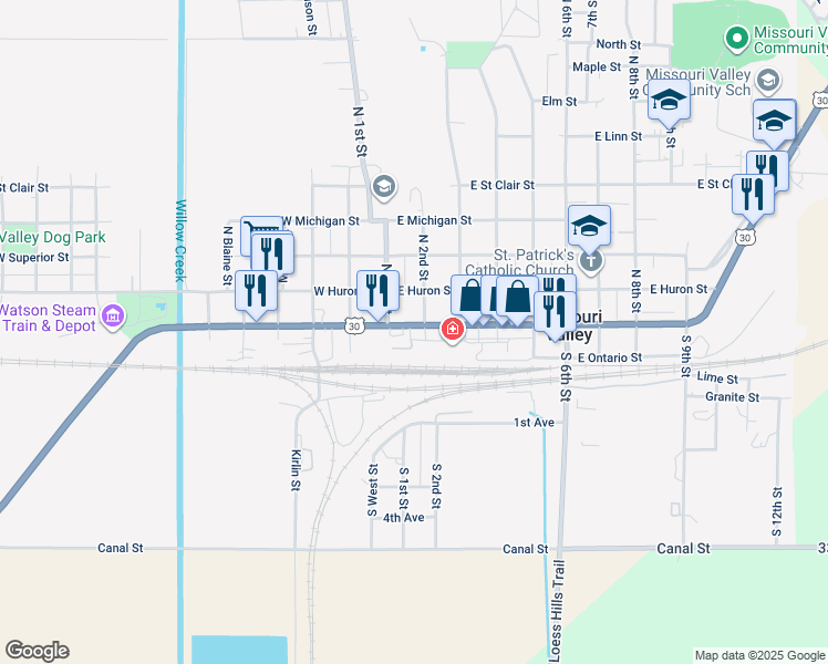map of restaurants, bars, coffee shops, grocery stores, and more near 120 East Erie Street in Missouri Valley